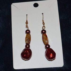 Red & Brown Acrylic Beaded Gold-Plated Hanging Earrings